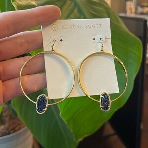 Kendra Scott gold hoops with blue druzy stone